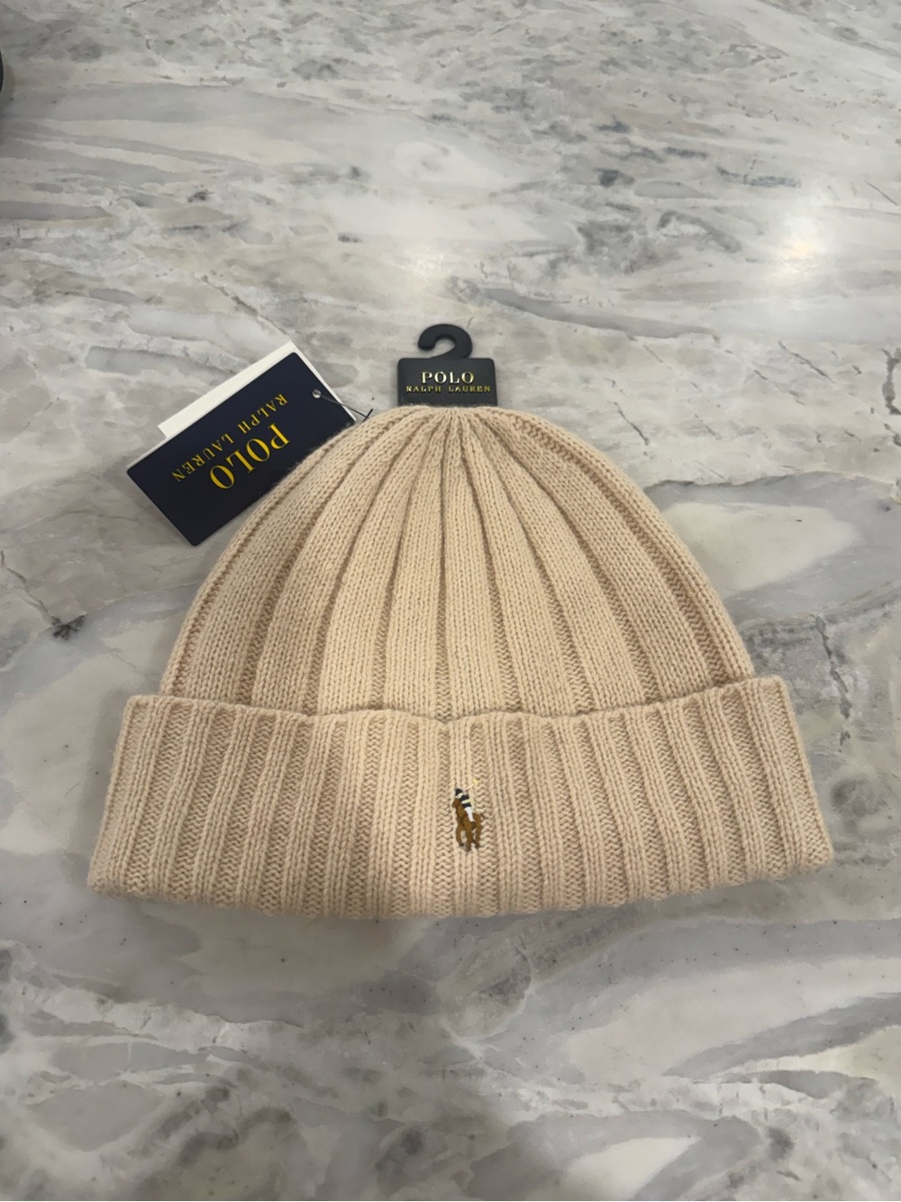 NWT Polo by Ralph Lauren Beige Rib-Knit Beanie